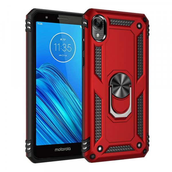 Wholesale Motorola Moto E6 Tech Armor Ring Grip Case with Metal Plate (Red)